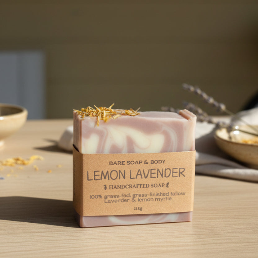 Lemon Lavender soap bar with a brown label on a wooden surface