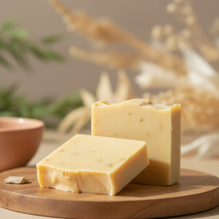 Two bars of Lemon Myrtle tallow soap on a wooden board with a natural background