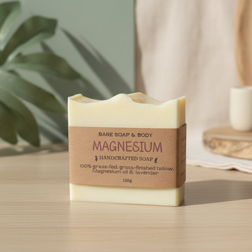 Bar of soap with a brown label on a wooden surface