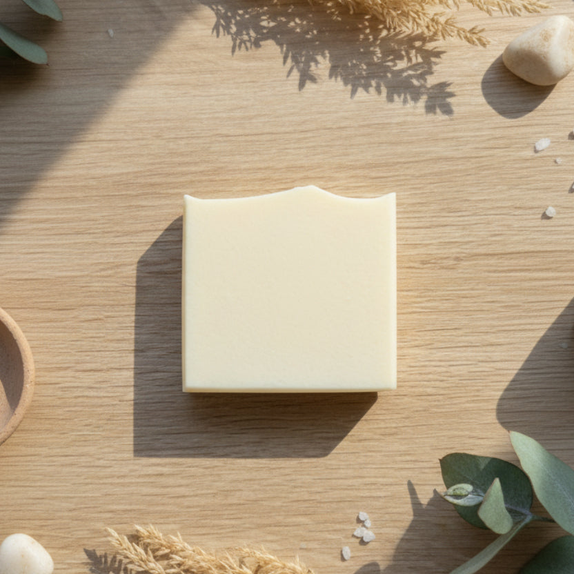 Handmade white soap bar on a wooden surface