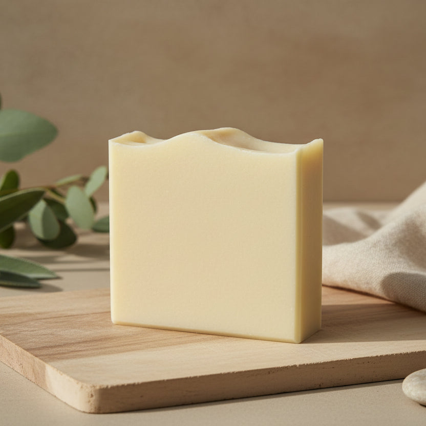 White soap bar on a wooden surface with a blurred background