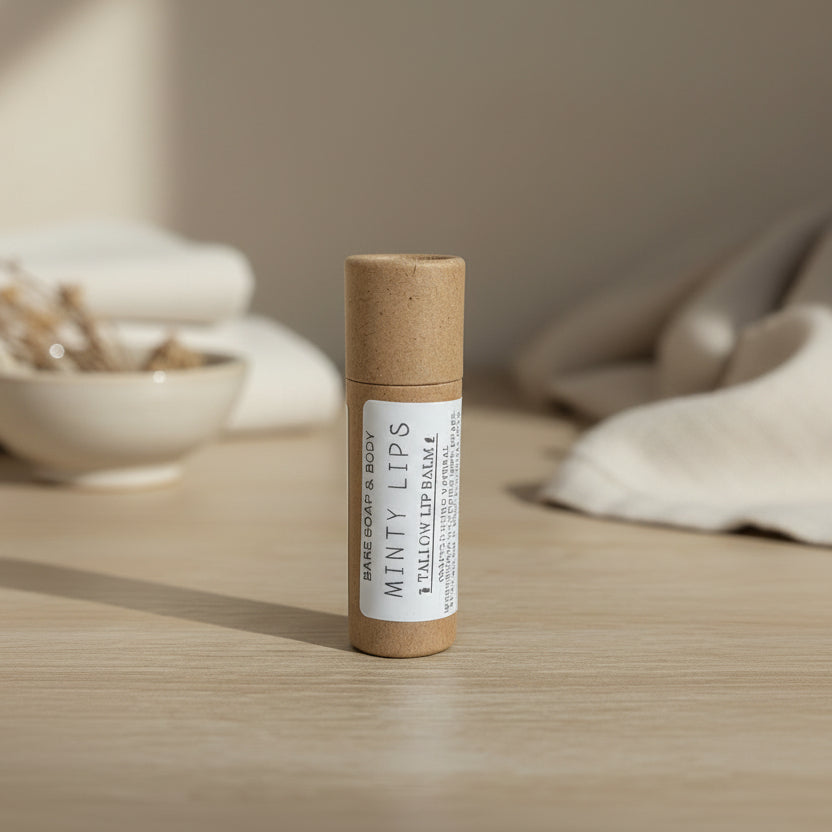 Minty flavoured Lip balm tube with label on a wooden surface