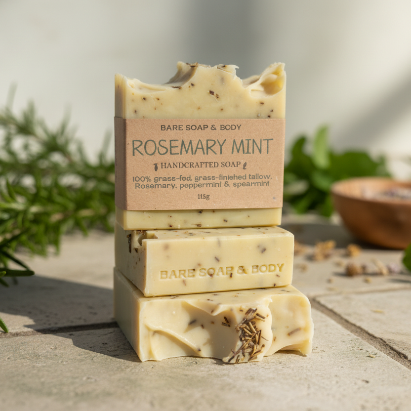 Three bars of Bare Soap & Body Rosemary Mint soap stacked on top of each other