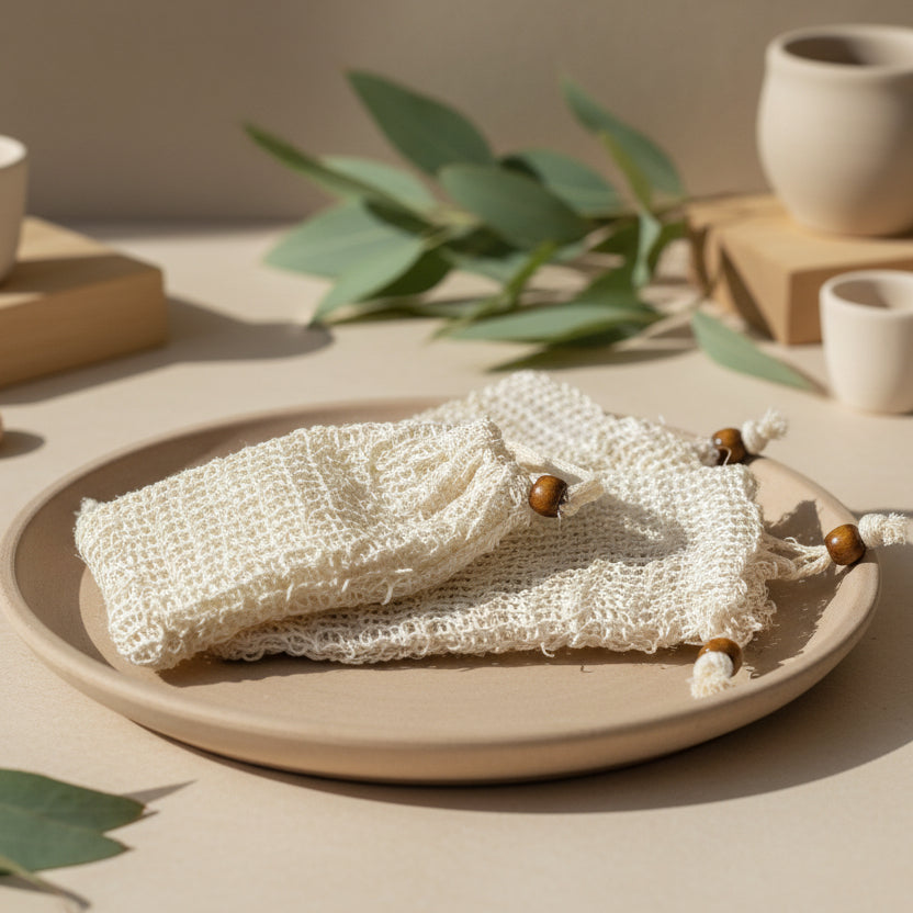 Textured soap bag with drawstring and wooden bead
