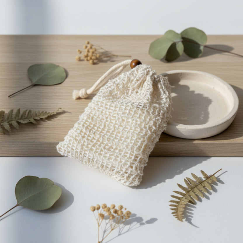 Woven soap bag on a wooden surface