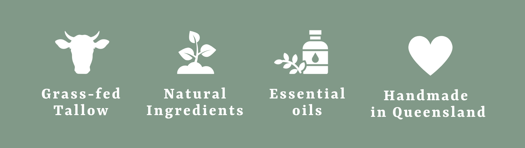A sage green graphic with four white icons and text: a cow head labeled 'Grass-fed Tallow,' a plant sprout labeled 'Natural Ingredients,' an oil bottle with leaves labeled 'Essential oils,' and a heart labeled 'Handmade in Queensland.'.