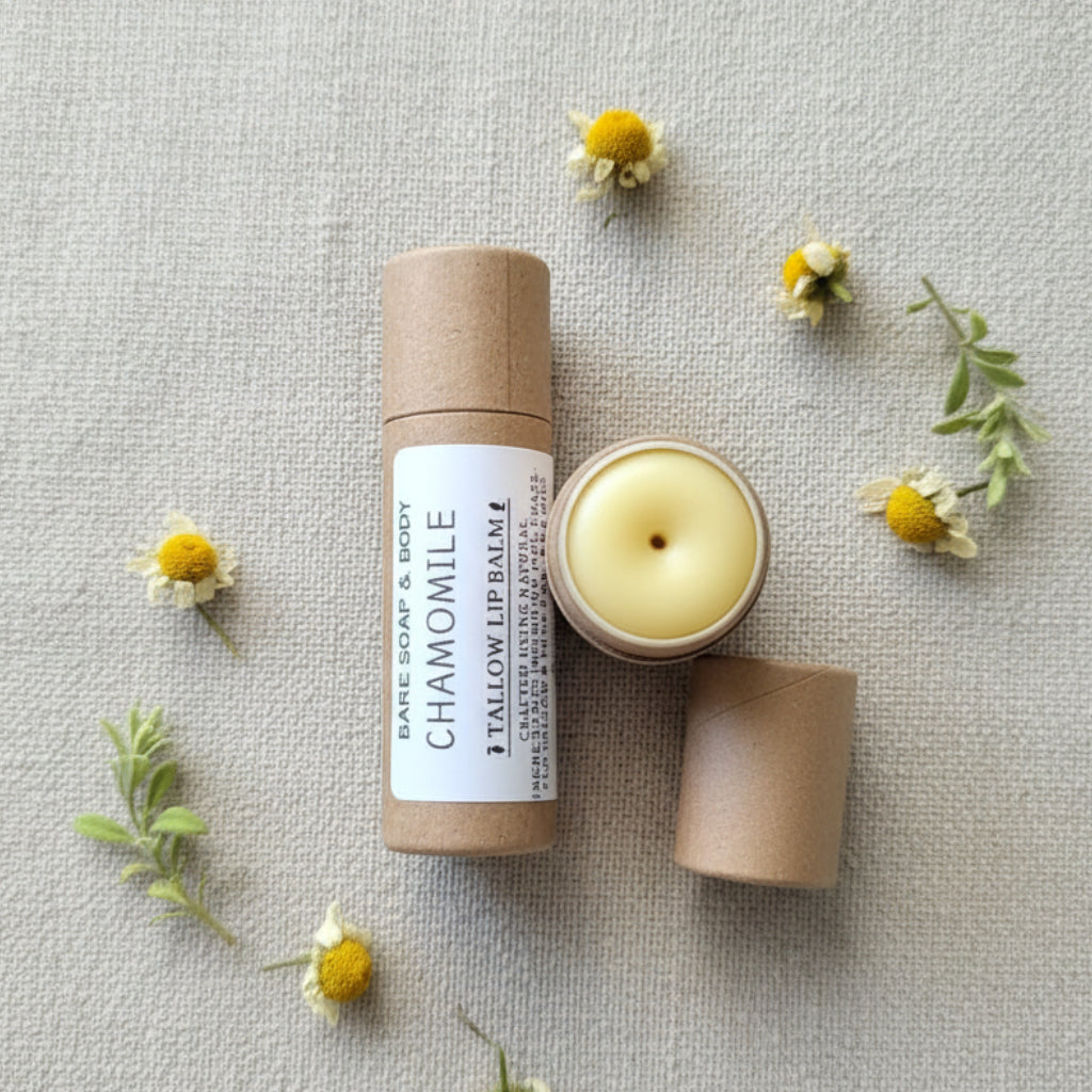 A small tube of chamomile eyelash lip balm next to an open round tin showing the pale yellow balm, placed on a textured gray surface.