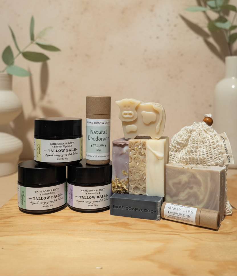A collection of natural tallow skincare and body care products arranged on a wooden surface against a textured beige wall with soft green plant shadows. The products include jars of Tallow Balm, a stick of Natural Deodorant, and several handmade soaps and a lip balm.